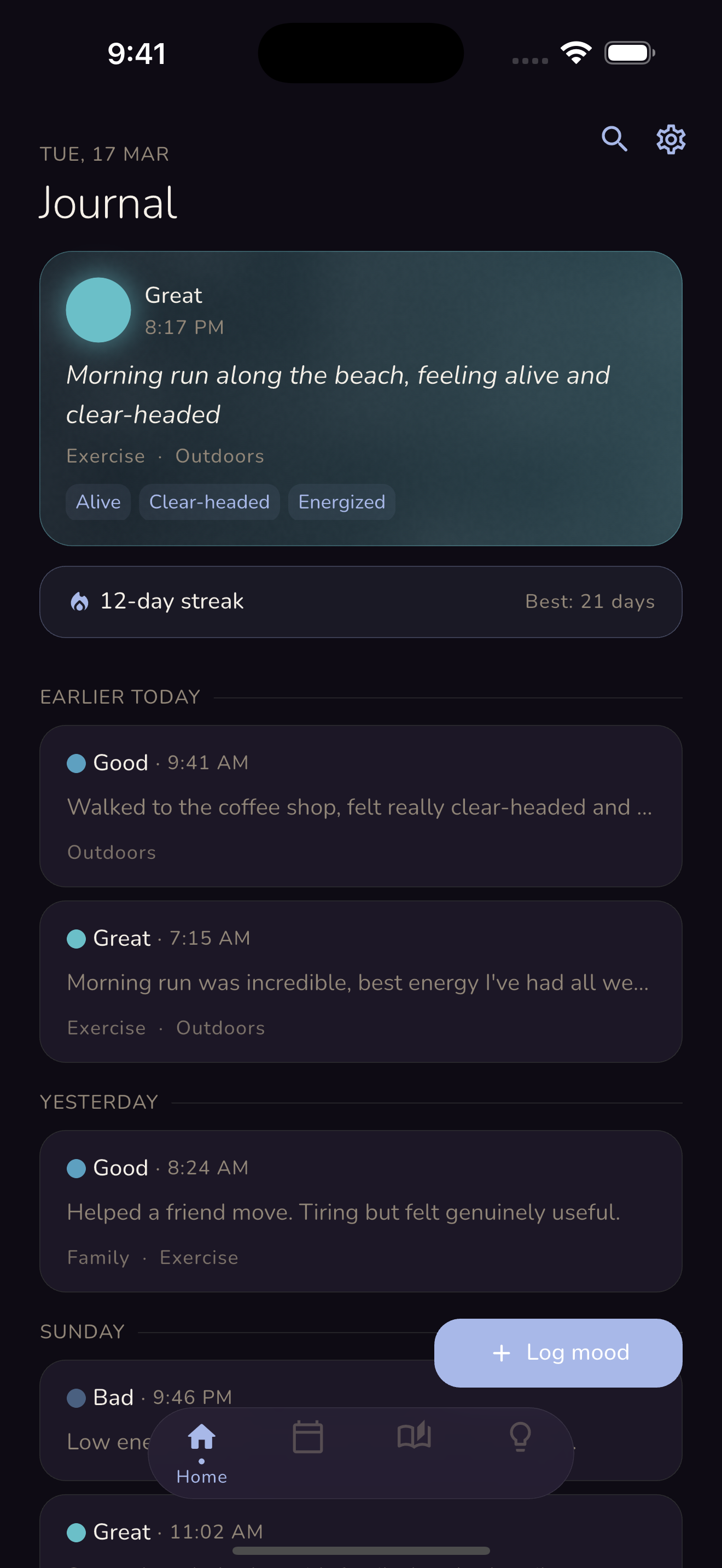 Moodrift home screen — recent entries and streak