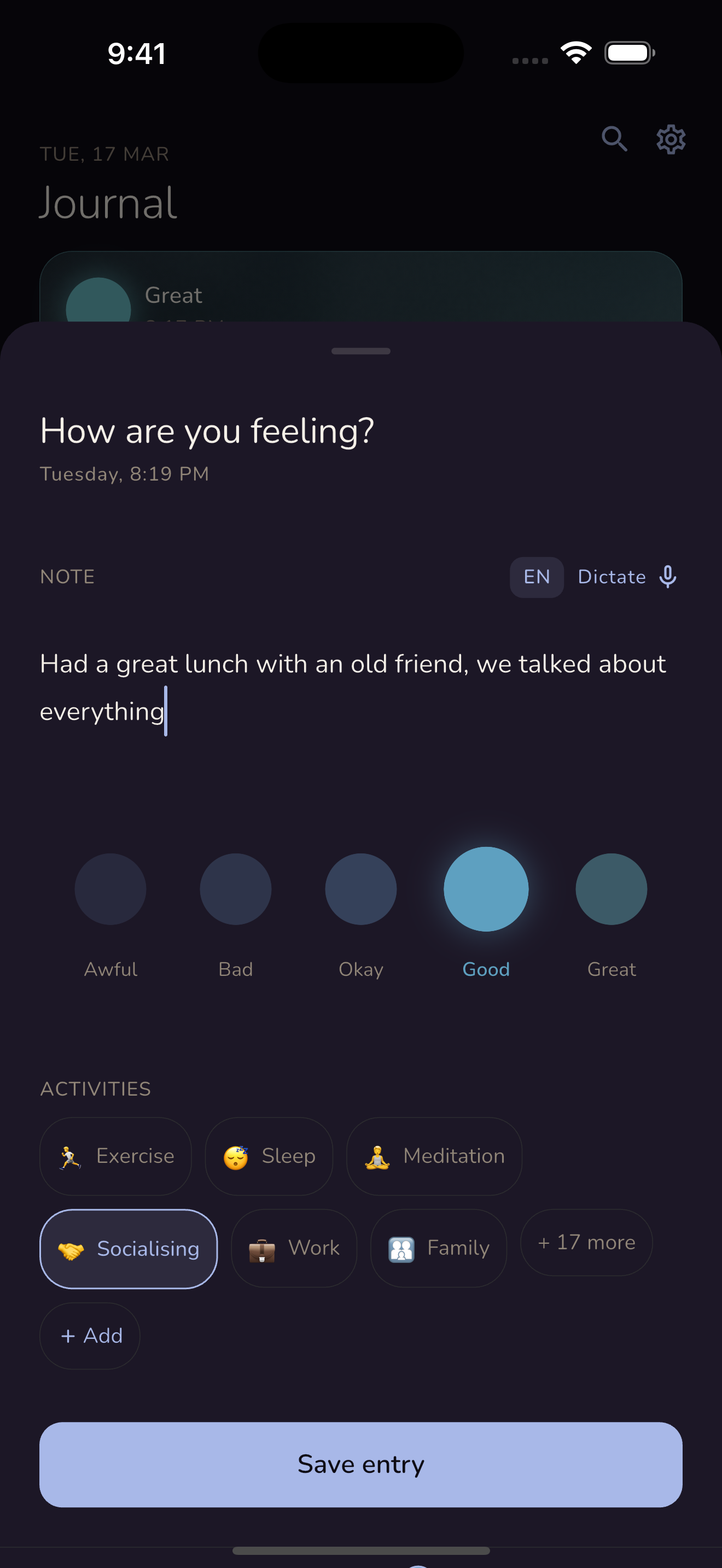 Moodrift entry screen with voice dictation and activity tags