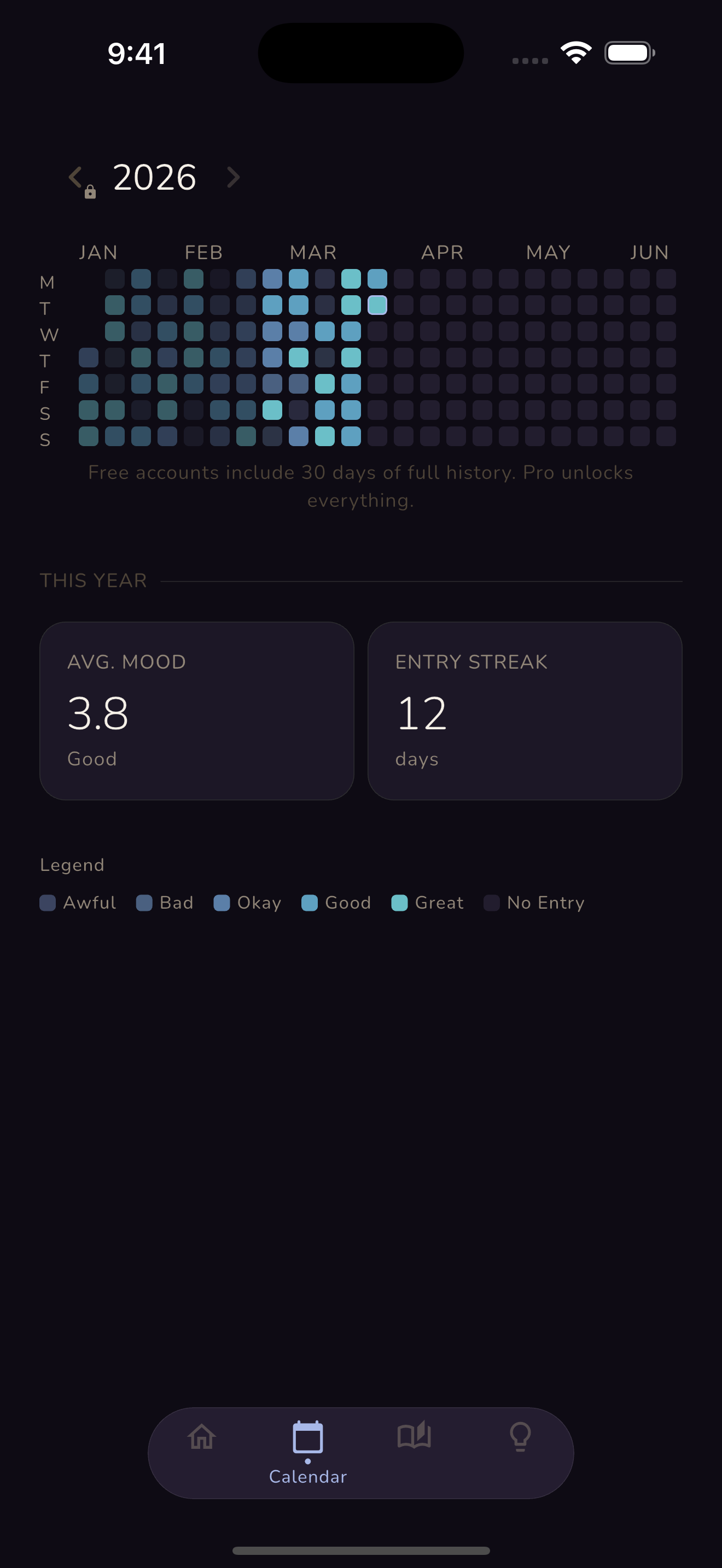 Moodrift year-view mood calendar with color-coded pixel grid